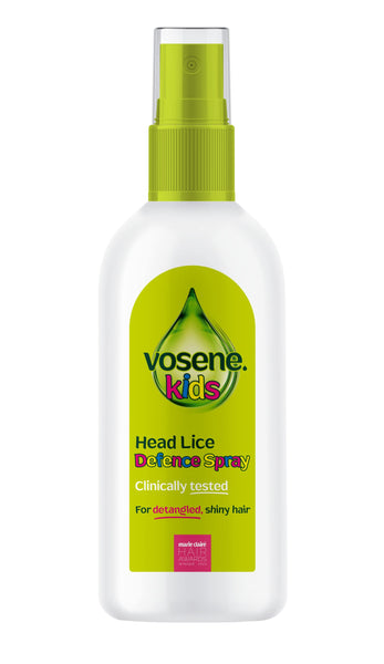 The Vosene Kids Head Lice Defence Spray (150ml) features a green cap, spray nozzle, and a label with a green droplet. Infused with tea tree oil, its clinically tested to keep hair detangled and shiny while effectively repelling lice.