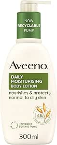 Aveeno Daily Moisturising Body Lotion (300ml) nourishes and protects normal to dry skin with its colloidal oatmeal formula. Packaged in a white bottle with a green label, it features a recyclable pump for eco-friendly use.