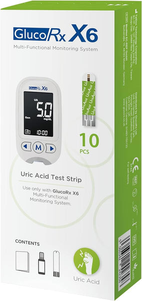 The Gluco Rx X6 Uric Acid Test Strips (10) come in a green and white box, featuring the strips and meter for uric acid level monitoring, suitable for managing gout with GlucoRx X6 devices.