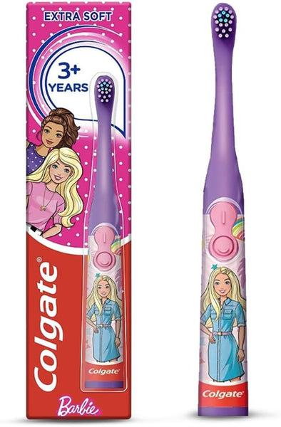 Meet the Colgate Barbie Battery Toothbrush, designed for children 3+, with extra soft bristles and a fun purple handle. Its vibrant Barbie-themed packaging makes brushing both fun and effective.