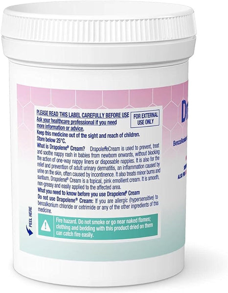 A white jar of Drapolene Antiseptic Cream (200g) with a pink and white label highlights its effectiveness as an antiseptic cream. English usage instructions and safety details are included, along with allergy warnings in a green section. The lid remains closed.