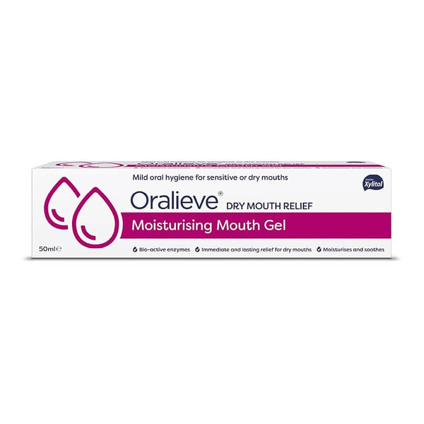 Oralieve Moisturising Mouth Gel (50ml) by Oralieve provides lasting relief for dry or sensitive mouths with its saliva mimic formula. The box is mainly white with purple accents highlighting its benefits.