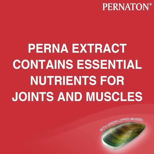 A red background with white text states, Pernaton Forte Gel offers joint and muscle relief with essential nutrients. A small Green Lipped Mussel image is in the bottom right, while the brand name Pernaton at the top right hints at its trusted topical gel solution.