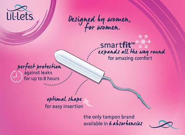 Experience perfect protection with Lil-Lets Non-applicator Super Smartfit Tampons. Enjoy effortless insertion, smartfit expansion, and an optimal shape for 8-hour comfort. Available in six absorbencies for extra comfort without applicators.