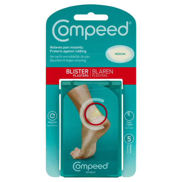 The Compeed Medium Size Blister Plasters pack showcases teal packaging with blister relief text and a foot illustration. It contains five plasters, designed by Compeed to prevent blisters and provide targeted comfort.