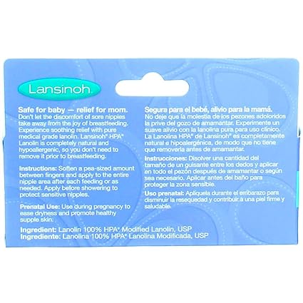 The Lansinoh HPA Lanolin Cream (40ml) features blue packaging with bilingual English and Spanish text detailing its benefits for breastfeeding mothers and babies. It contains 100% HPA-Modified Lanolin, USP, offering relief for sore nipples with included safety and usage directions.