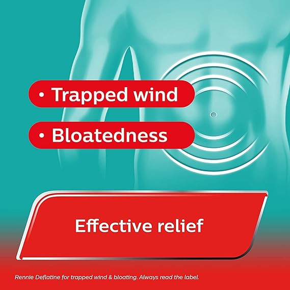 Illustration highlights relief from discomfort with stylized torso and concentric circles. Text states: Rennie Deflatine Trapped Wind & Bloatedness Relief with banners reading Trapped wind, Bloatedness, and emphasizing effective aid. Brand: Rennie.