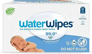 WaterWipes Baby Wipes, known as The Worlds Purest Baby Wipes, highlight their hypoallergenic formula with 99.9% water and a drop of fruit extract on the packaging, which features a sleeping baby and a Do Not Flush note. This package includes 12 packs with 720 chemical-free wipes in total.