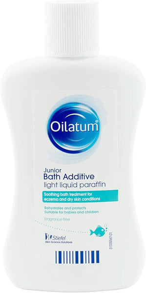 The Oilatum Junior Bath Emollient Additive (150ml) is a soothing treatment for eczema and dry skin, ideal for babies and children. It rehydrates, protects, is fragrance-free, and comes in a white bottle with a blue label.