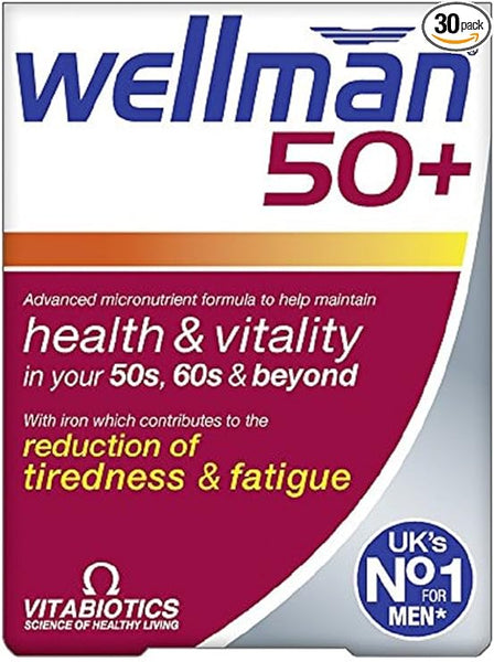 Wellman 50+ Tablets by Wellman, in a 30-pack, emphasizes energy release and vitality for men over 50, with iron to reduce tiredness. Its labeled as the UKs No. 1 choice for mens health.