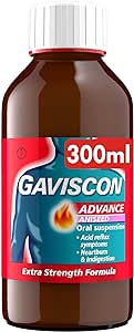 The 300ml bottle of Gaviscon Aniseed, from Gaviscon, features a silhouette with a chest flame symbol, offers an extra-strength formula for heartburn relief, and creates a protective barrier against acid to effectively target indigestion.