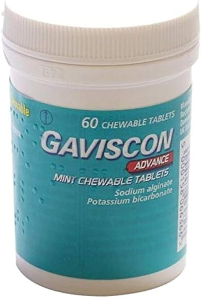 A white container labeled Gaviscon features a teal design and holds 60 peppermint chewable tablets called Gaviscon Advance. Ingredients include sodium alginate and potassium bicarbonate for heartburn relief and acid indigestion.