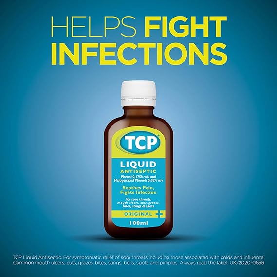 A TCP Liquid (200ml) bottle with a white cap is set against a blue background. The label, emphasizing infection combat, reads: Helps Fight Infections and promotes its use for sore throat relief and mouth ulcers treatment: Soothes pain, fights infection, ideal for throat and mouth issues.