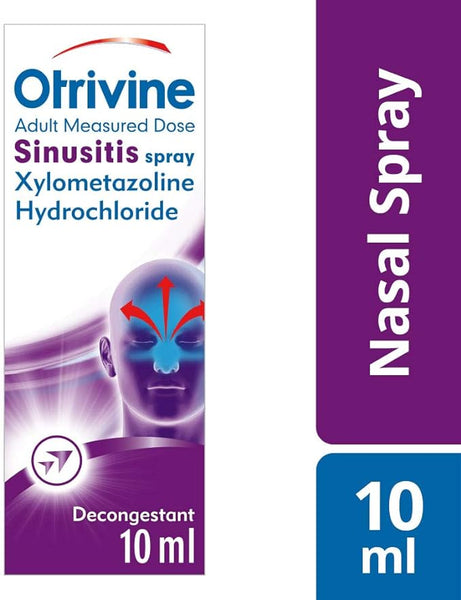 Otrivine Adult Sinusitis Spray (10ml) packaging features Xylometazoline Hydrochloride and an illustration of face relief zones, promising effective nasal congestion relief.