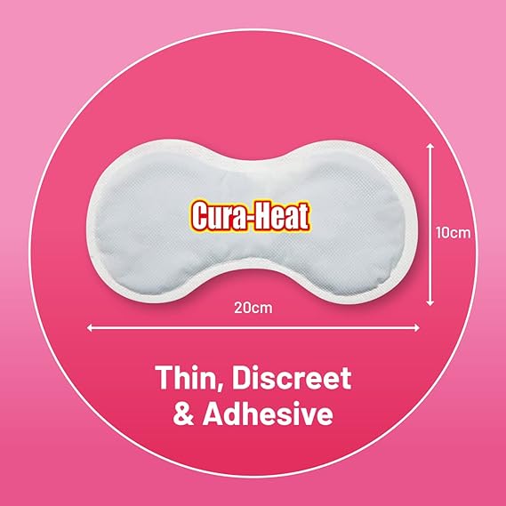 A white, kidney-shaped Cura Heat Period Pain Relief Patch from brand Cura Heat, designed for menstrual cramp relief, is on a pink background marked 20 cm wide by 10 cm tall. Text below states Thin, Discreet & Adhesive.