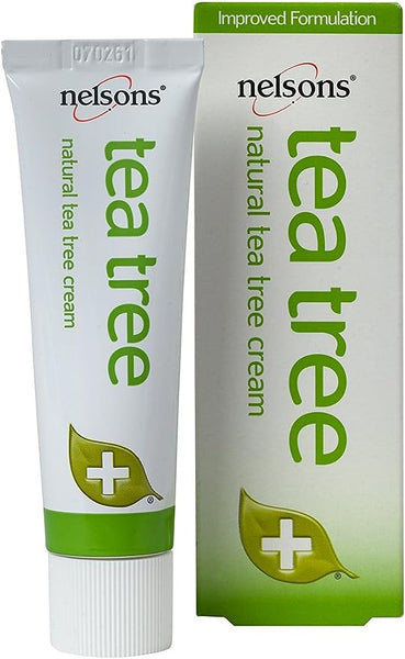 Nelsons Natural Tea Tree Cream (30g) packaging is mostly white with green text and leaf motifs, highlights its natural first aid benefits and antiseptic properties, and features an Improved Formulation for enhanced care.