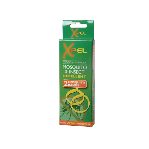 A green and orange box of Xpel Mosquito and Insect Repellent Bands (2 Bands) by Xpel shows two yellow bands on the front and highlights long-lasting, wearable protection against mosquitoes and insects.