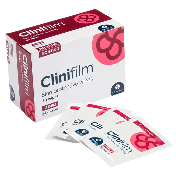 A box of Clinifilm Skin Protective Barrier Wipes (30 Piece) labeled No Sting and Sterile, includes four single-use sachets displayed in front with a similar design.