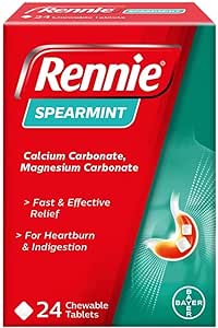 Rennie Spearmint (24 Tablets) by Rennie provides heartburn relief with a red and green package emphasizing acid reflux treatment using Calcium Carbonate and Magnesium Carbonate.