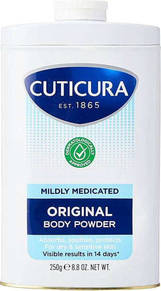 Cuticura Talcum Powder (250g) by Cuticura is a mildly medicated powder that absorbs, soothes, and protects eczema-prone skin with visible results in 14 days.