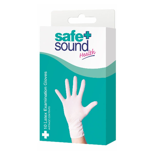 A box of Safe and Sound Latex Gloves (10 Gloves) displays the Safe and Sound brand, product info, and an illustrated hand in a white glove on the front, offering reliable protection and supporting good hygiene.