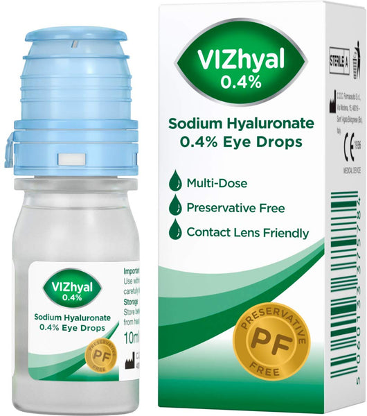 Image of a Vizhyal 0.4% Eye Drops (10ml) box and bottle, an ophthalmic moisturizing solution suitable for contact lens users. The Multi-Dose, Preservative Free, and Contact Lens Friendly features are highlighted on the packaging. The bottle has a blue cap.