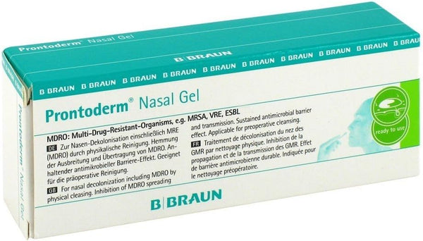 Prontoderm Nasal Gel (30ml) by Braun, in a green and white box, offers detailed instructions and highlights its effectiveness against multi-drug-resistant organisms like MRSA, supporting nasal hygiene and respiratory health.