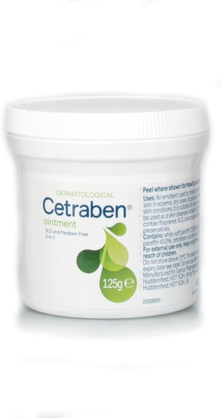 A white plastic jar labeled in green and blue, Cetraben Ointment for Dry Skin & Eczema (125g), is SLS and Paraben free, with a white lid and subtle green leaf design.