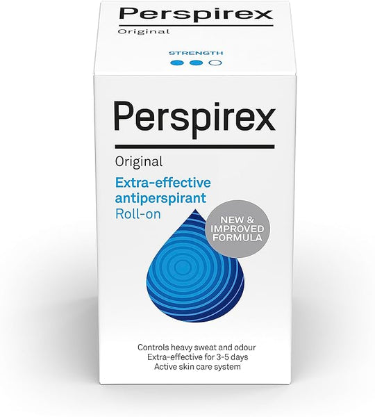 The image features a Perspirex Antiperspirant Roll-On Strong (20ml) box with a blue droplet design, promoting long-lasting control over excessive sweating and severe perspiration for 3-5 days with its improved formula.