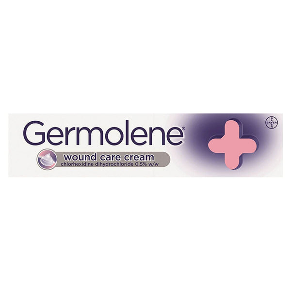 The image shows a box of Germolene Wound Care Cream (30g), ideal for minor wounds. The white packaging prominently features Germolene, highlights its antiseptic ingredient, chlorhexidine digluconate 0.5% w/w, and displays a pink cross on the right side.