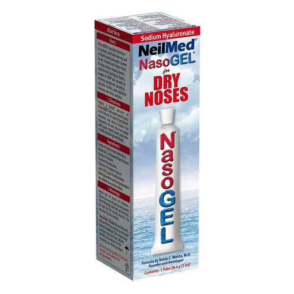 The image shows a NeilMed Nasogel Dry Noses (114g) box for soothing dry nasal passages, highlighting sodium hyaluronate. It features a bottle graphic with red text and blue details, set against a backdrop of a blue sky and ocean to emphasize congestion relief.