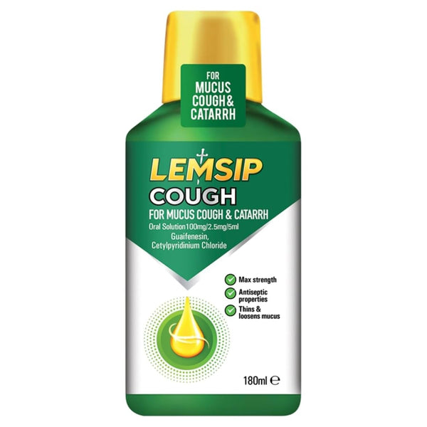 Lemsip Mucus Cough and Catarrh Syrup (180ml) offers max strength relief for mucus cough and catarrh with antiseptic properties, thinning and loosening mucus effectively. The bottles green and yellow label highlights its benefits.