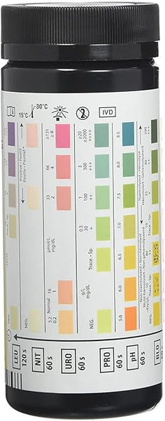 A cylindrical container with a black lid shows a color chart for Siemens Multistix (Urinalysis Strips) 10 SG Pack (Pack Of 100), featuring columns with distinct labels and numbers, indicating urine test results using multicolored squares.