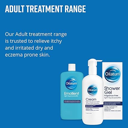 A blue background displays ADULT TREATMENT RANGE and Our Adult treatment range is trusted to relieve itchy, irritated dry skin and eczema, featuring Oilatum Eczema Dry Skin Emollient Cream (500ml) and Shower Gel.