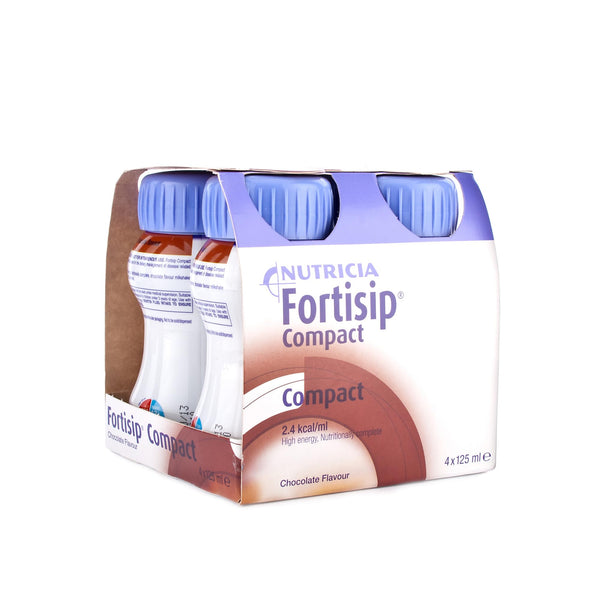 A four-pack of Fortisip Compact Chocolate nutrition drinks (125 ml each) by Fortisip, featuring purple caps and partially visible labels, packaged in a white and purple cardboard container—ideal as a food supplement to help meet daily nutritional requirements.