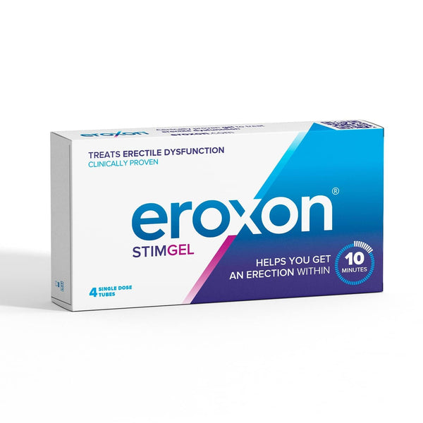 Eroxon Stimgel Treatment Gel, by Eroxon, offers erectile dysfunction support with four single-dose tubes that work within 10 minutes. The packaging showcases a blue gradient design with white text.