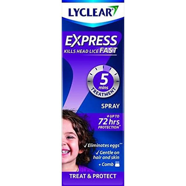 The Lyclear Express Kills Head Lice Spray (100 ml) features a blue and purple box with a smiling child, offering a silicone-free solution that eliminates lice in 5 minutes and provides up to 72 hours of protection. Includes comb.