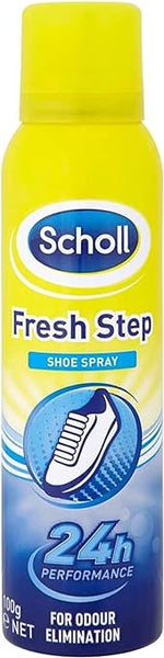 The yellow can of Scholl Fresh Step Anti-Perspirant Foot Spray (150ml) features a blue and white shoe graphic with 24h Performance and For Odour Elimination, ensuring your shoes stay fresh with effective odor control and trusted Scholl quality.