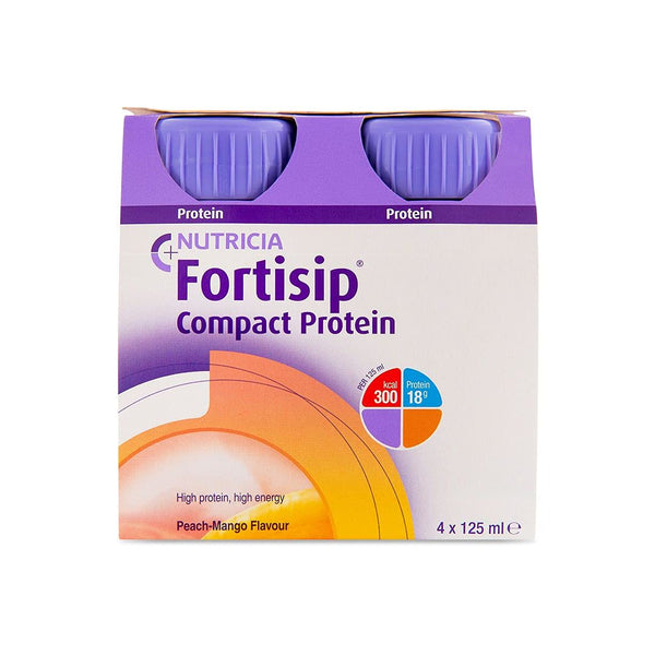 Nutricias Fortisip Compact Protein Peach Mango (4x125ml) serves as a nutritional supplement with vibrant flavor. Each purple and white pack contains four 125ml bottles, providing 300 kcal and 18g of protein per bottle.