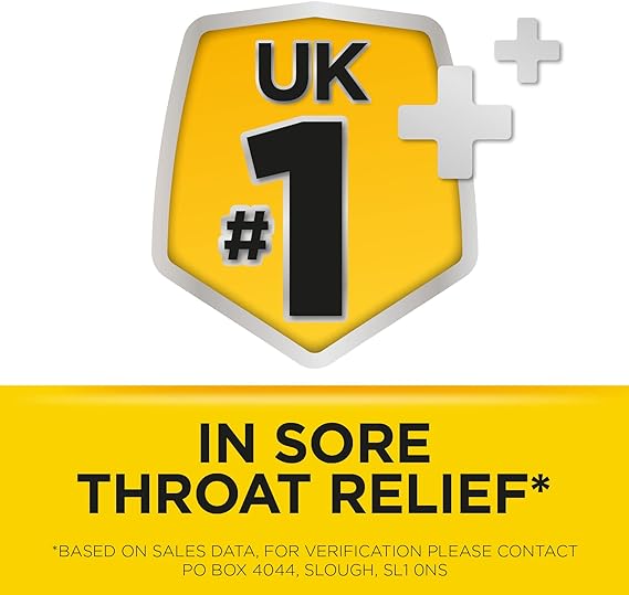 Image showing a yellow and gray badge with UK #1 and two plus signs, highlighting Strepsils Honey & Lemon Lozenges (24) antiseptic ingredients for sore throat relief*. Contact for sales data verification included.