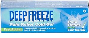 Deep Freeze Pain Relief Cold Gel (100g) box features blue and white packaging emphasizing Fast Acting cold therapy for targeted relief from sprains, strains, as well as joint, foot, and muscle pain.