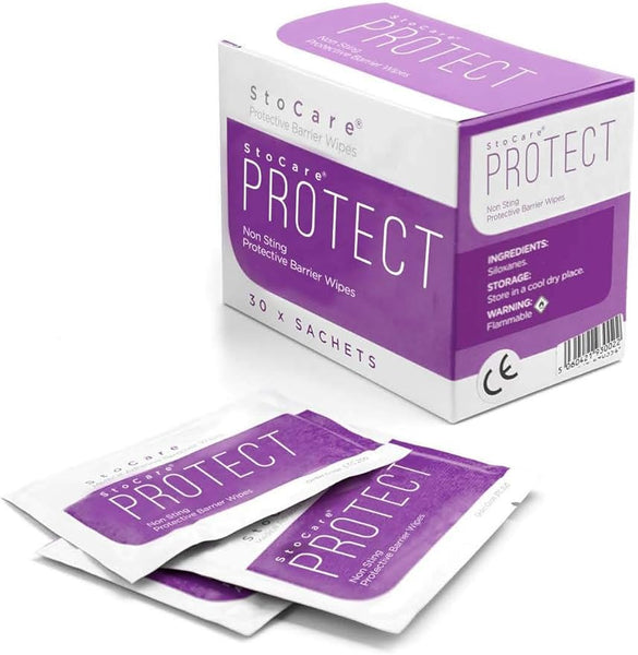 The image shows a box with three sachets of StoCare Protect Non Sting Barrier Wipes. The packaging, primarily white with purple accents, contains 30 sachets designed for stoma care and skin protection.