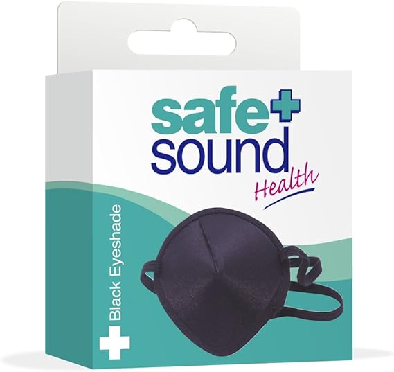 The Safe & Sound Black Eye Shade comes in a white and teal box with a sleek folded eyshade, elastic headband, and striking blue and pink brand name text.