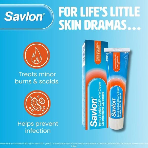 Savlon Burns And Scalds 0.25% Chlorhexidine Gluconate Cream (30g) tube and box on a blue background with text: For life’s little skin dramas… provides antiseptic protection for minor burns and scalds to help prevent infection.