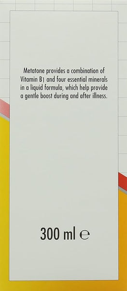 The image shows a label for Metatone Tonic Original (300ml) by Metatone, highlighting its liquid formula with Vitamin B1 and four essential minerals to support health and vitality during recovery.