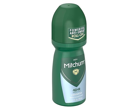 A green roll-on deodorant bottle labeled Mitchum Advanced Control stands against a white background, featuring Powerful Anti-Sweat Roll-On on the cap and providing 48-Hour Protection Unscented, ensuring lasting freshness and confidence.