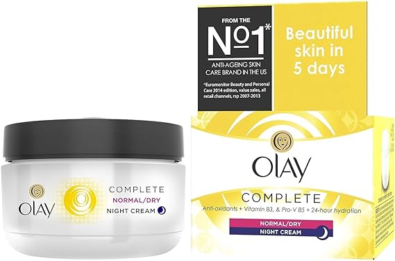 Image of Olay Complete Care Night Cream (50ml), a moisturizer with anti-aging benefits. The jar is white with a black lid and a yellow swirl design. A box claims Beautiful skin in 5 days from the No.1 US anti-aging skincare brand, Olay.