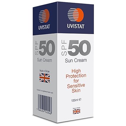 The image shows an UltraDex Uvistat Sun Cream SPF50 box (125ml), offering high protection for sensitive skin. It features Made in Britain beneath a British flag, ensuring exceptional care against harmful UV rays.