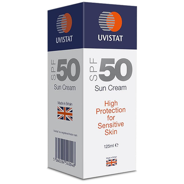 A rectangular box of Uvistat Sun Cream SPF50 (125ml) by Uvistat, designed for sensitive skin and high sun protection. The white and blue packaging features the British flag and product info.