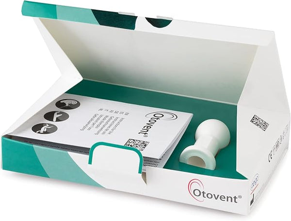 Open the teal and white Otovent Glue Ear Treatment box to find instructions and a nasal device inside, featuring the Otovent logo. It offers easy relief for Glue Ear by equalizing pressure in the Eustachian tube and middle ear.